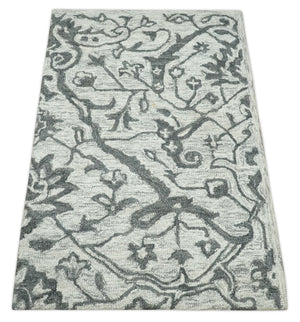 Floral Ivory and Charcoal Wool Hand Woven Layering Multi Size Area Rug