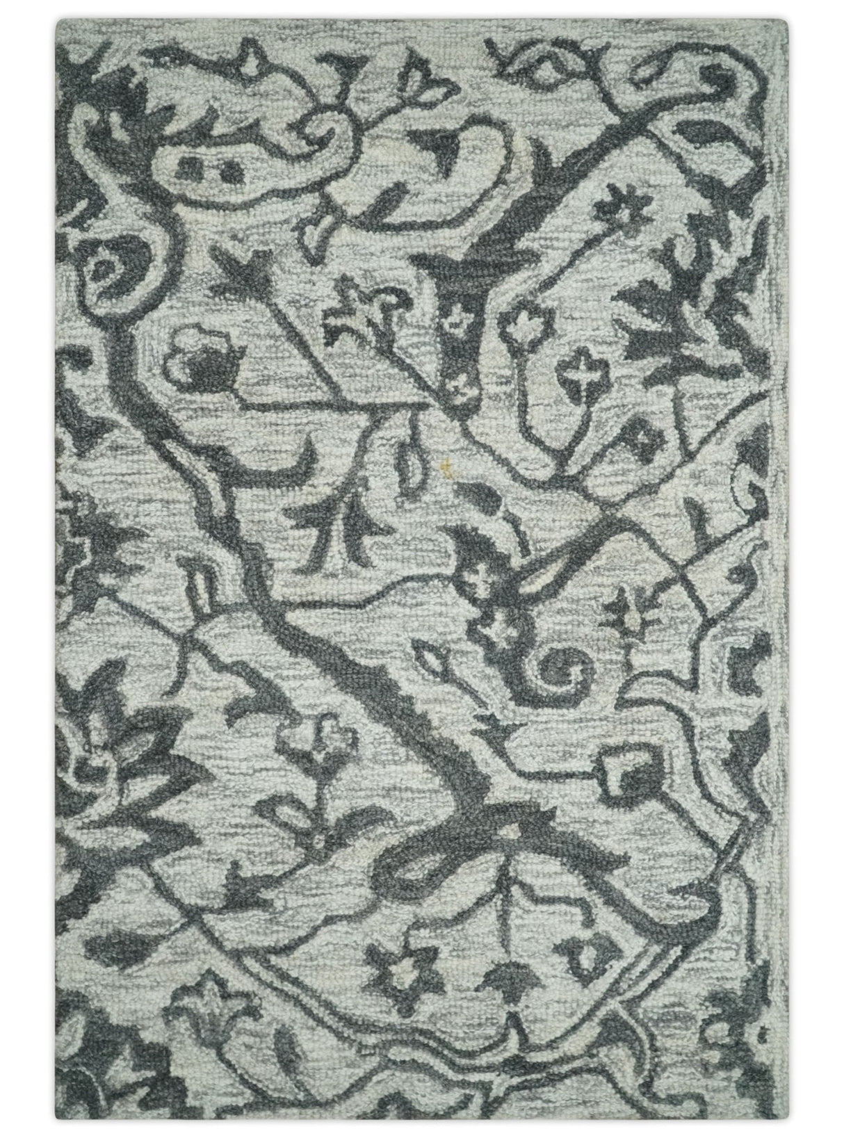 Floral Ivory and Charcoal Wool Hand Woven Layering Multi Size Area Rug