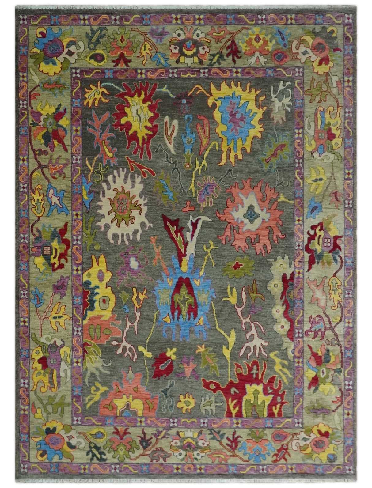 Gray and Olive Wool Colorful Hand knotted Traditional Oushak Multi Size wool Area Rug