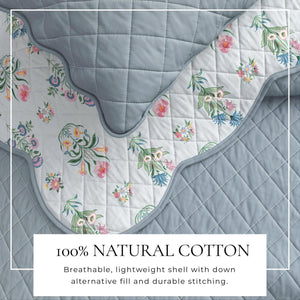 Floral Print & Scallopeded Edge Cotton Quilt Set - Katrin Collection
