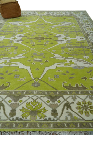 Green and Ivory Hand knotted Oriental Oushak Multi Size wool Area Rug