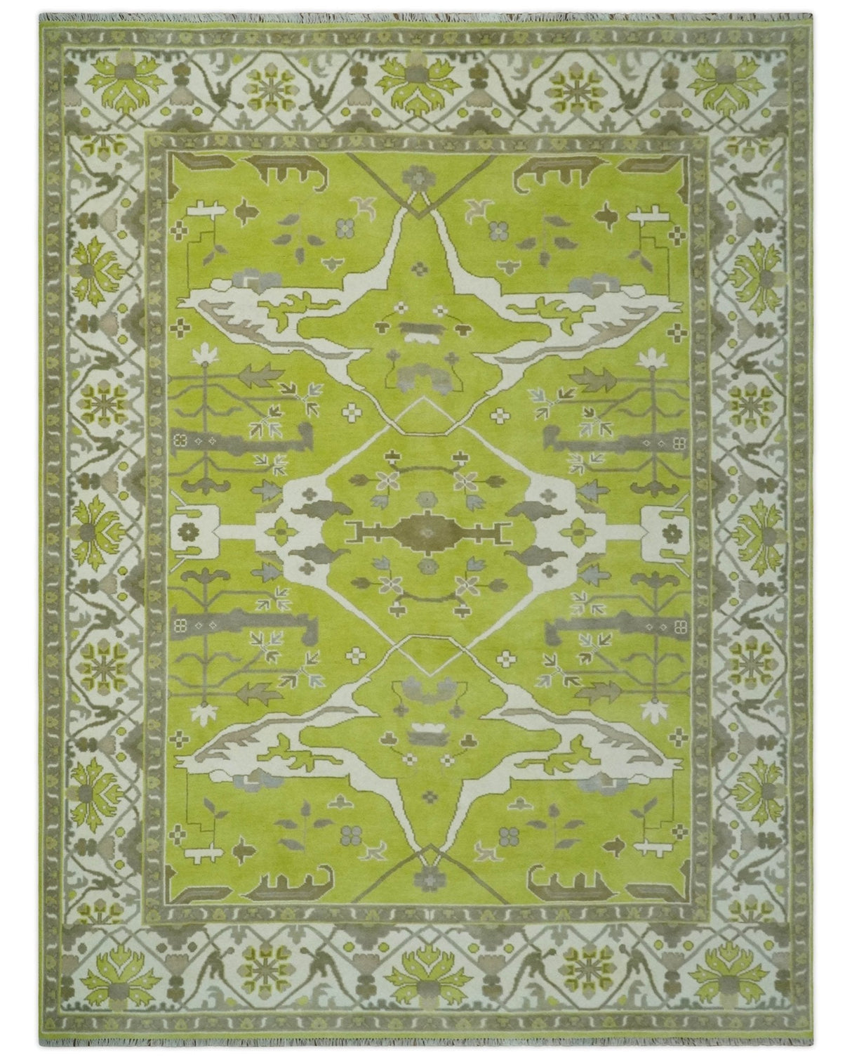 Green and Ivory Hand knotted Oriental Oushak Multi Size wool Area Rug