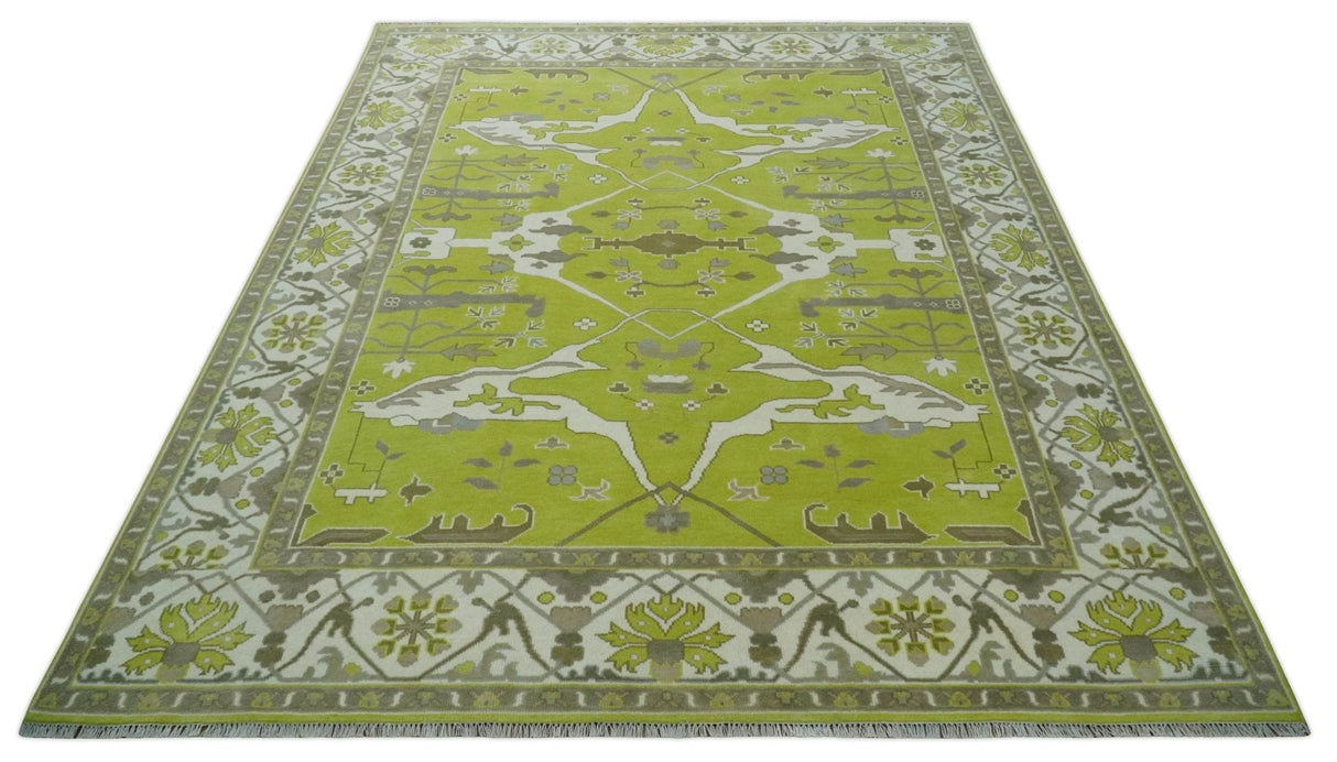 Green and Ivory Hand knotted Oriental Oushak Multi Size wool Area Rug