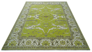 Green and Ivory Hand knotted Oriental Oushak Multi Size wool Area Rug