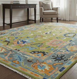 Custom Made Green, Gray and Peach Colorful Hand knotted Traditional Oushak wool Area Rug