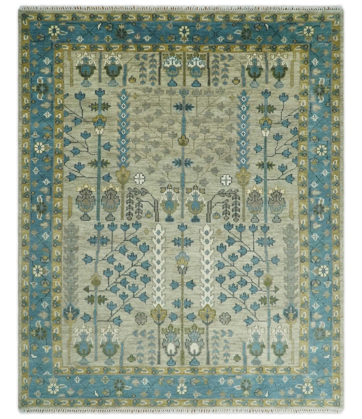 Tree of life Hand Knotted Traditional Beige and Blue Vintage Style Custom Made Wool Area Rug
