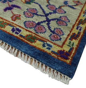 Hand Knotted Blue and Beige Persian Oushak Wool Rug