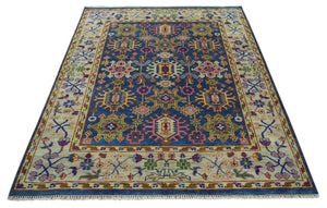 Hand Knotted Blue and Beige Persian Oushak Wool Rug