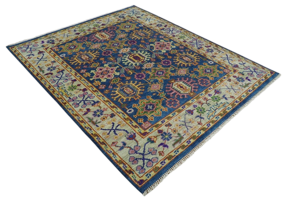 Hand Knotted Blue and Beige Persian Oushak Wool Rug