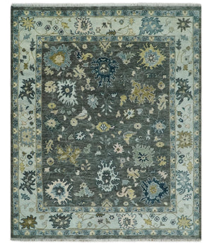 Custom Made Hand Knotted Charcoal and Ivory Traditional Oushak Wool Area Rug