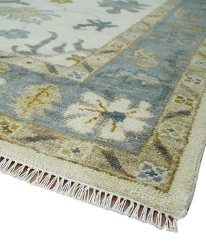 Hand Knotted Ivory, Blue and Brown Traditional Persian Oushak Wool Rug | TRDCP910