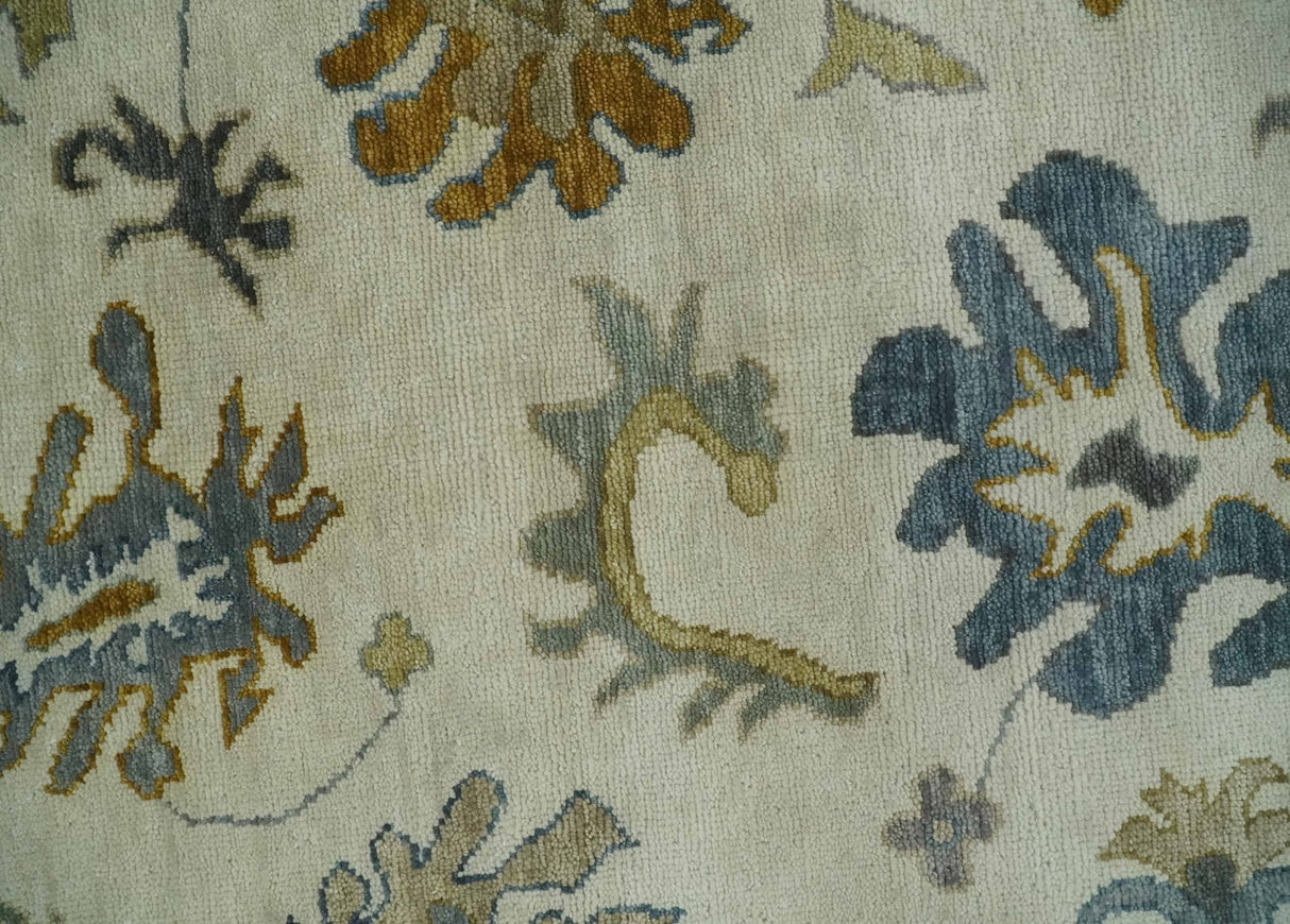 Hand Knotted Ivory, Blue and Brown Traditional Persian Oushak Wool Rug | TRDCP910