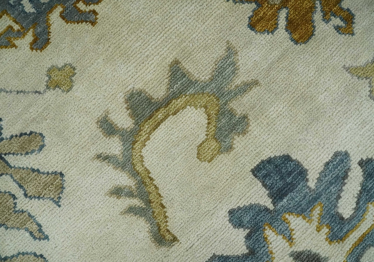 Hand Knotted Ivory, Blue and Brown Traditional Persian Oushak Wool Rug | TRDCP910