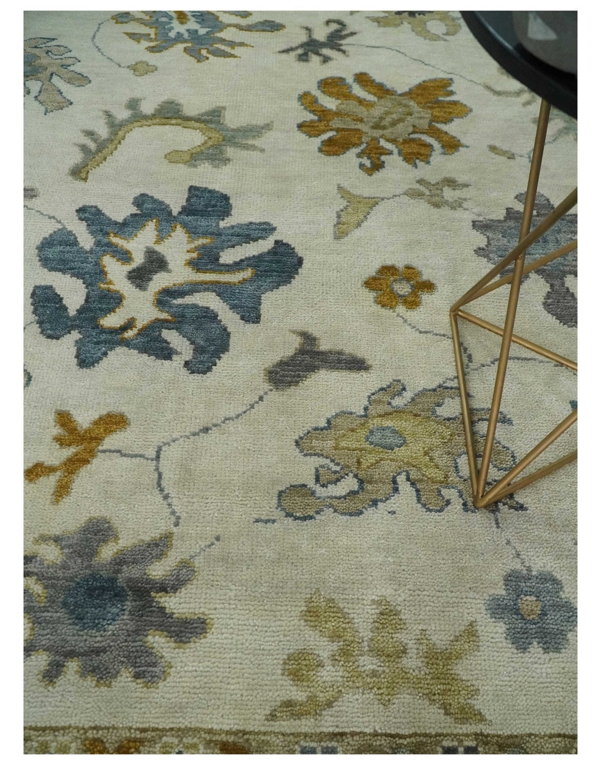 Hand Knotted Ivory, Blue and Brown Traditional Persian Oushak Wool Rug | TRDCP910