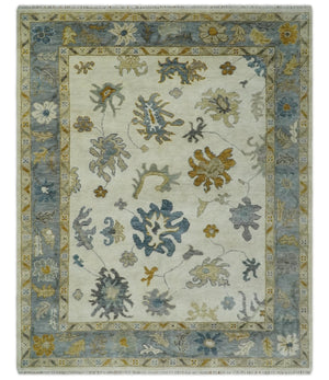 Hand Knotted Ivory, Blue and Brown Traditional Persian Oushak Wool Rug | TRDCP910