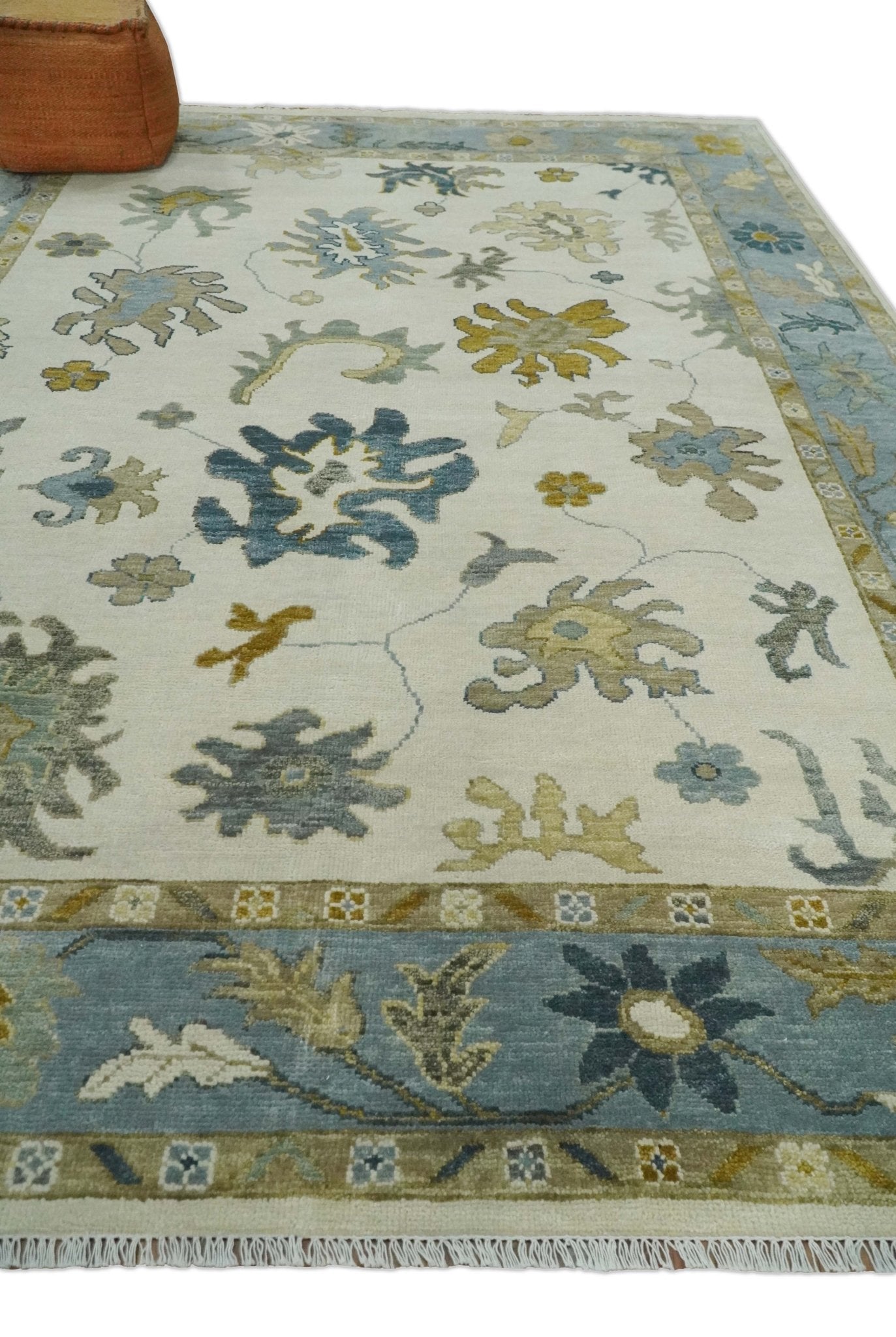 Hand Knotted Ivory, Silver and Blue Traditional Oushak Custom Made Wool Area Rug
