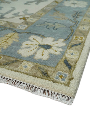 Hand Knotted Ivory, Silver and Blue Traditional Oushak Custom Made Wool Area Rug