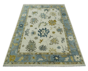 Hand Knotted Ivory, Silver and Blue Traditional Oushak Custom Made Wool Area Rug