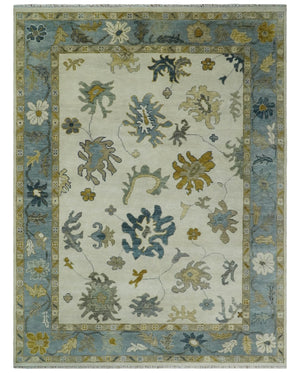Hand Knotted Ivory, Silver and Blue Traditional Oushak Custom Made Wool Area Rug