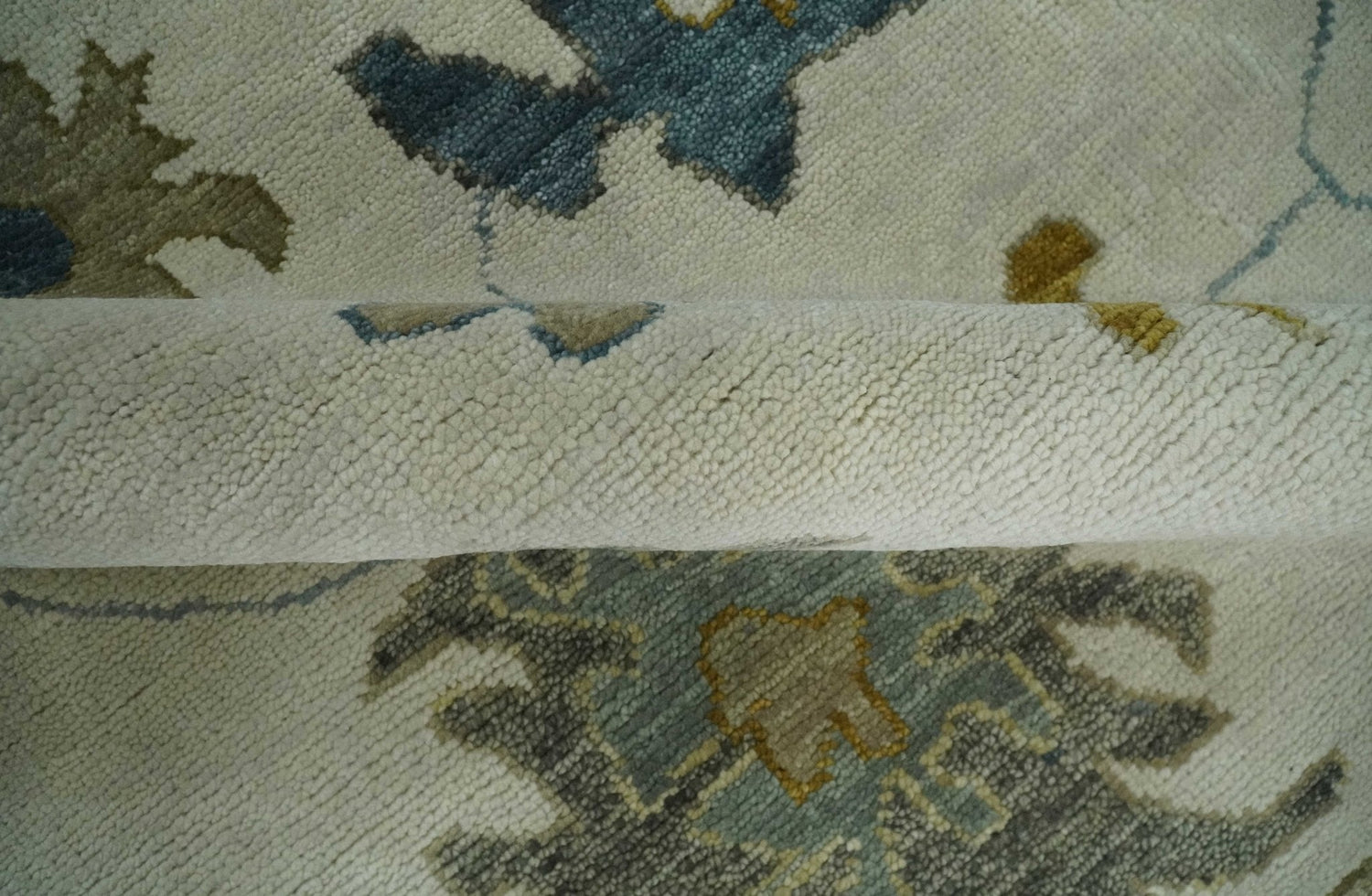 Hand Knotted Ivory, Silver and Blue Traditional Oushak Custom Made Wool Area Rug