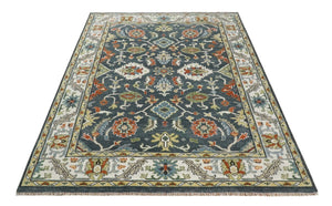 Custom Made Hand Knotted Teal, Blue and Ivory Traditional Oushak Wool Area Rug