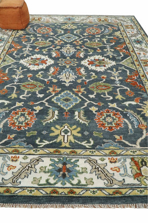 Custom Made Hand Knotted Teal, Blue and Ivory Traditional Oushak Wool Area Rug