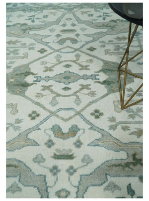 Custom Made Hand Knotted Oriental Oushak Ivory and Teal Wool Area Rug