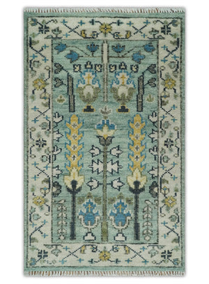 Hand Knotted Traditional Blue and Ivory Antique Oushak Custom Made Wool Area Rug