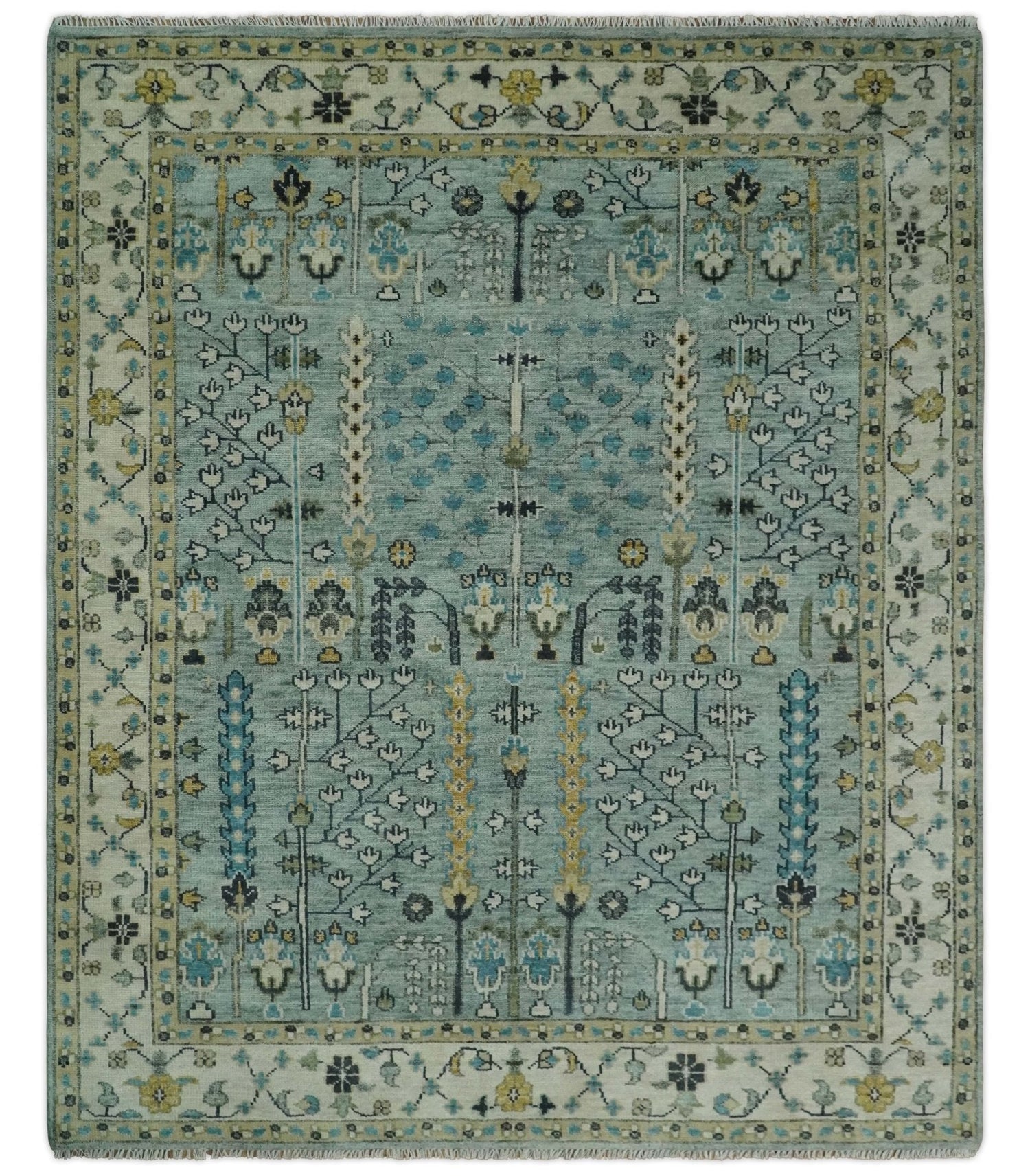 Hand Knotted Traditional Blue and Ivory Antique Oushak Custom Made Wool Area Rug