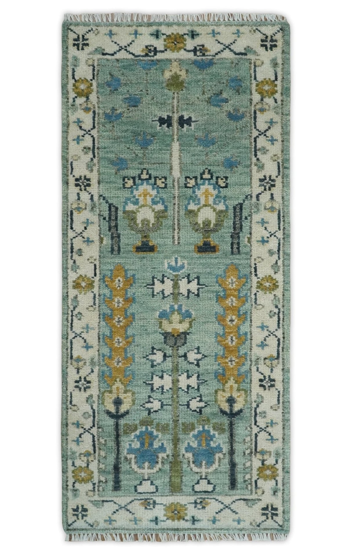 Hand Knotted Traditional Blue and Ivory Antique Oushak Custom Made Wool Area Rug