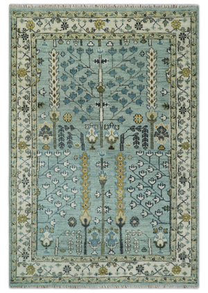 Hand Knotted Traditional Blue and Ivory Antique Oushak Custom Made Wool Area Rug