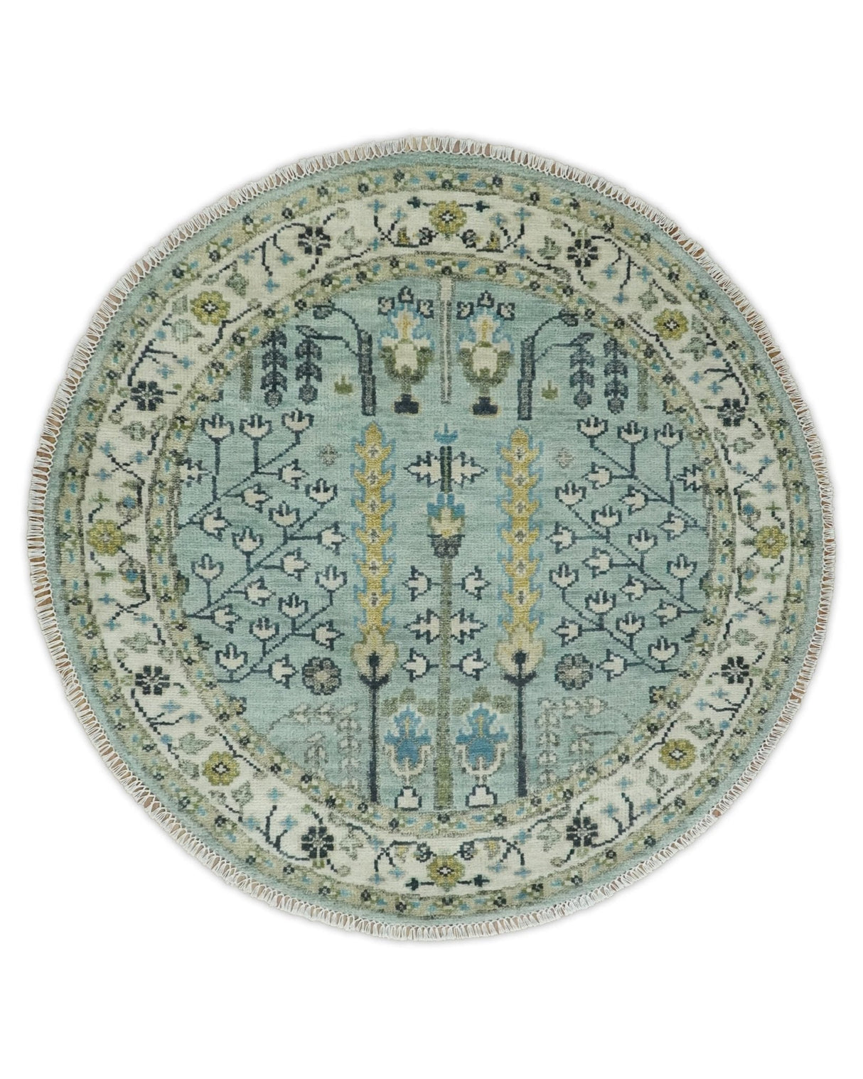 Hand Knotted Traditional Blue and Ivory Antique Oushak Custom Made Wool Area Rug