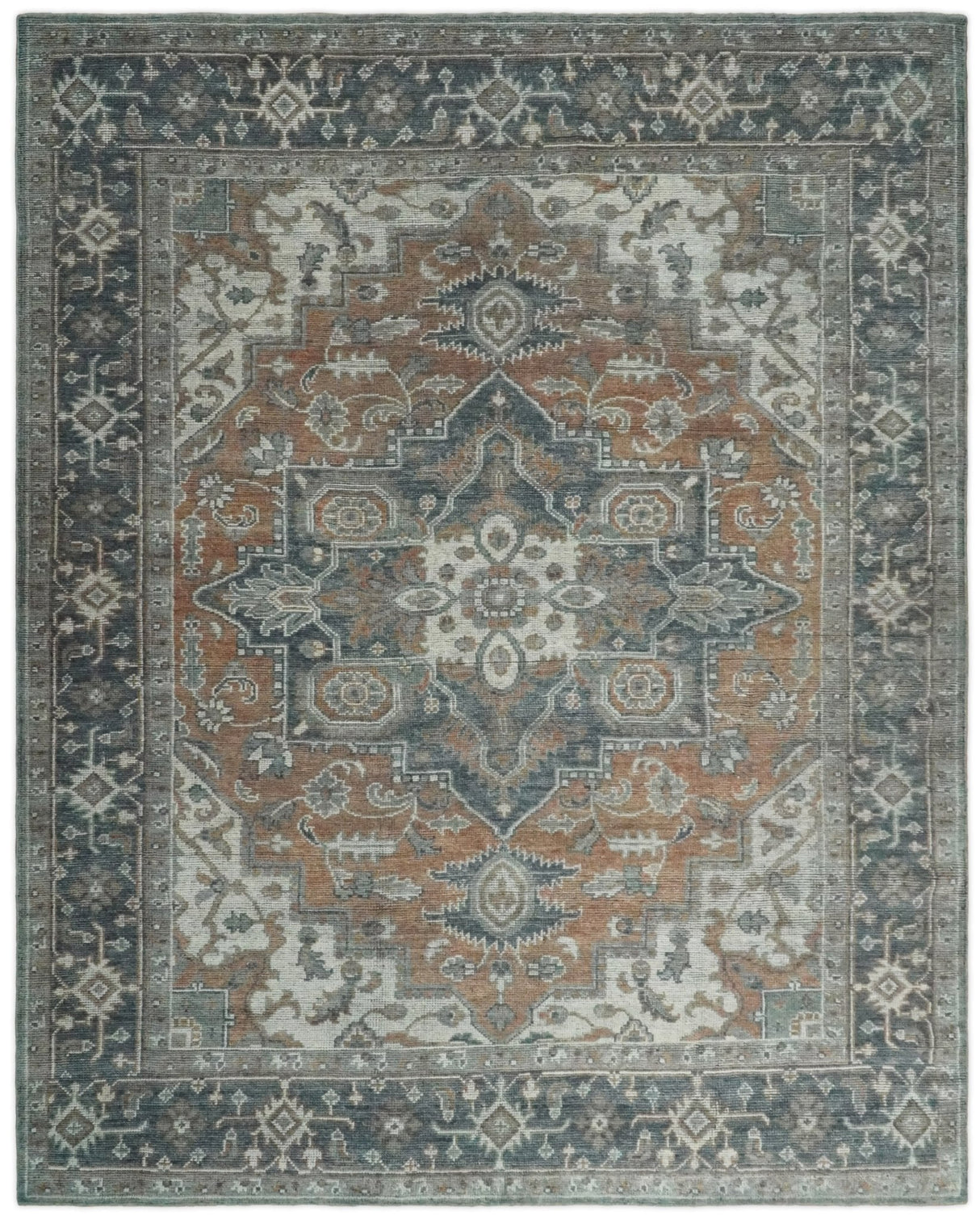 Antique look Vintage Style Distressed finished Brown, Ivory and Charcoal Hand Knotted Traditional Heriz serapi multi Size wool Area Rug