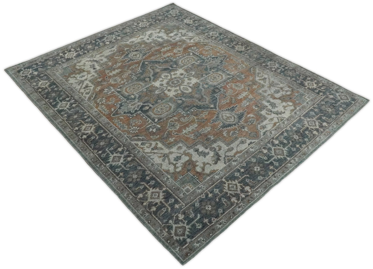 Antique look Vintage Style Distressed finished Brown, Ivory and Charcoal Hand Knotted Traditional Heriz serapi multi Size wool Area Rug