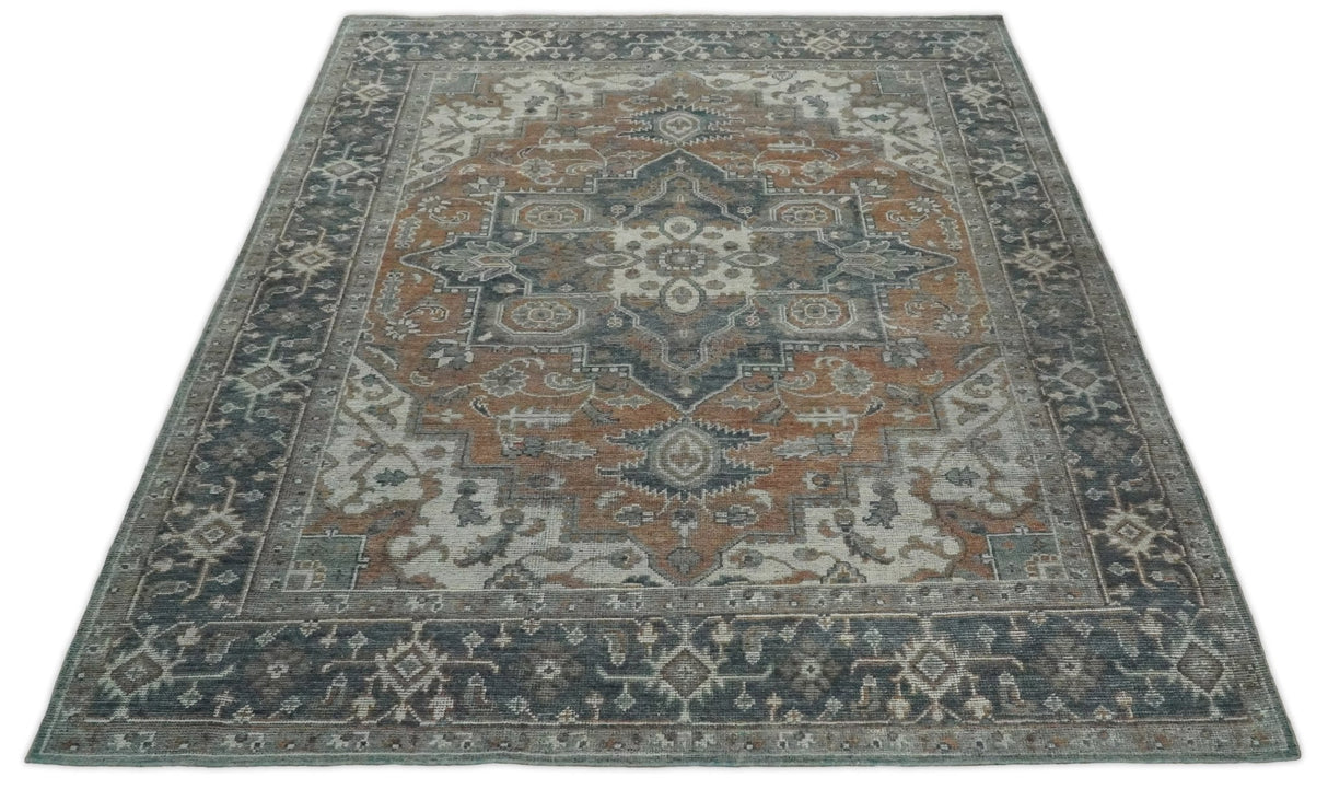 Antique look Vintage Style Distressed finished Brown, Ivory and Charcoal Hand Knotted Traditional Heriz serapi multi Size wool Area Rug