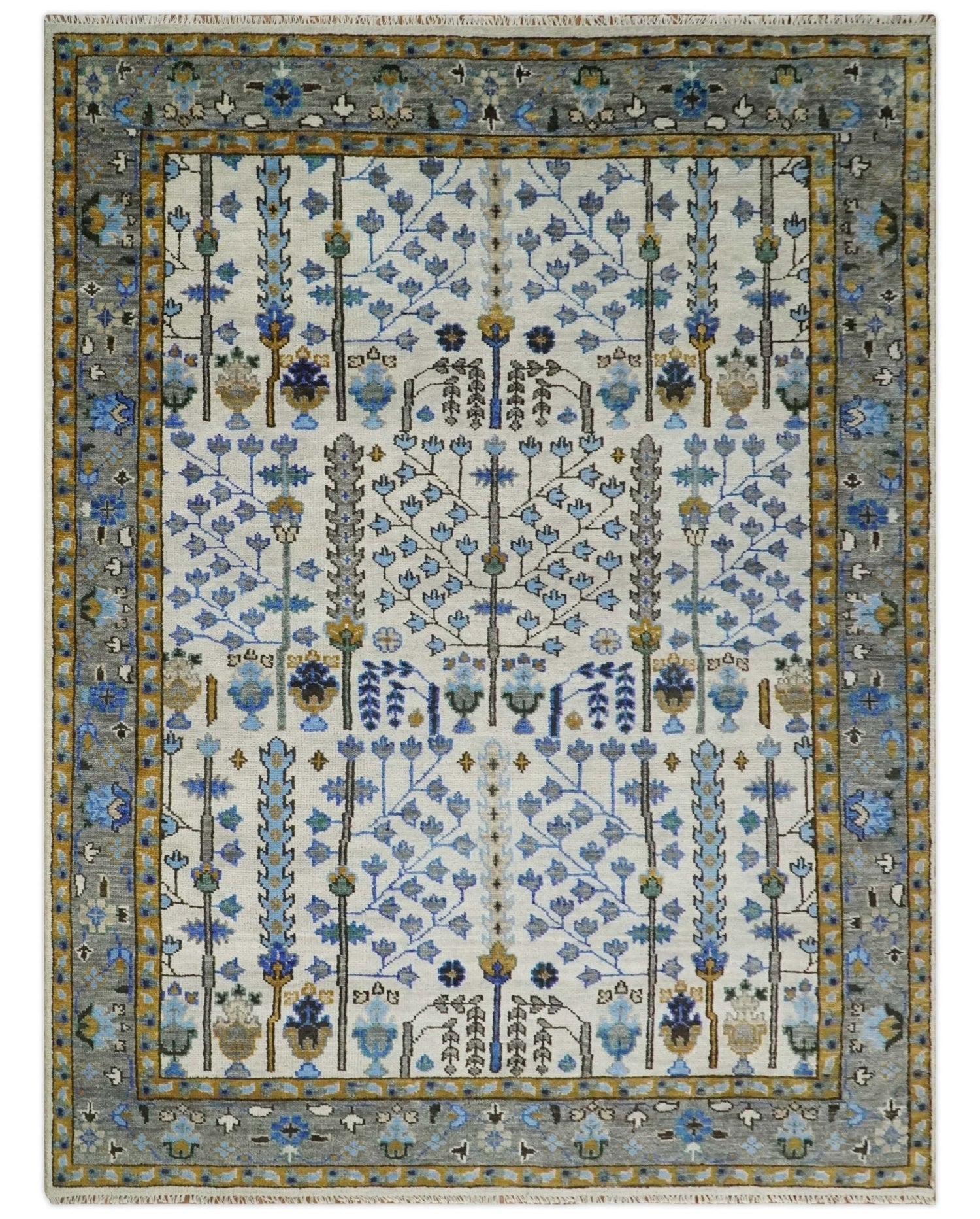 Custom Made Tree of life Hand Knotted Antique Ivory, Blue and Gray Traditional Oushak Wool area Rug