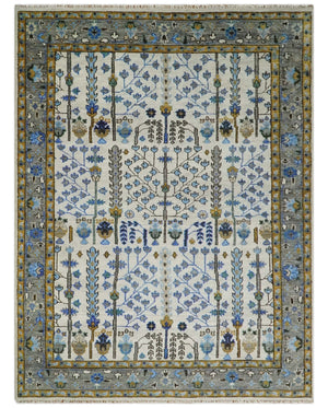 Custom Made Tree of life Hand Knotted Antique Ivory, Blue and Gray Traditional Oushak Wool area Rug