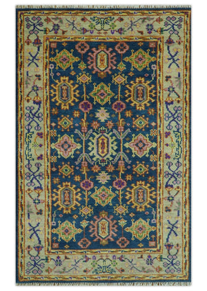 Hand Knotted Blue and Beige Persian Oushak Wool Rug
