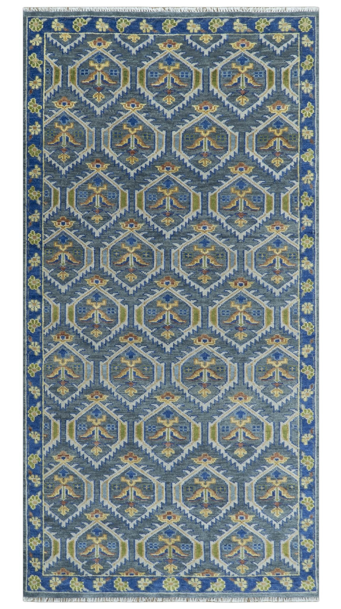 Hand Knotted Blue, Gold and Moss Green Vintage Style Custom Made wool Area Rug