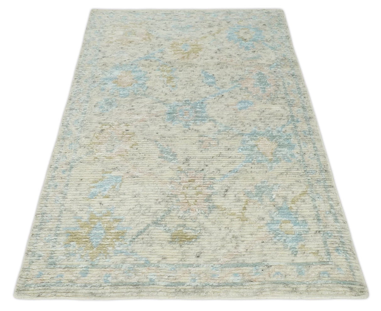 Contemporary Ivory and Blue Hand Knotted Multi Size Rug