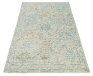 Contemporary Ivory and Blue Hand Knotted Multi Size Rug