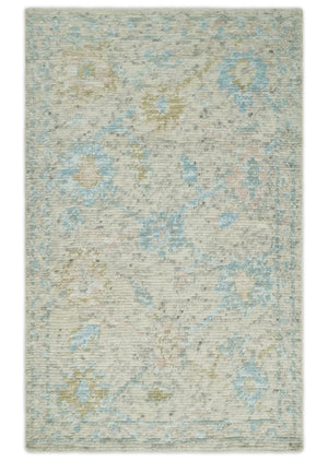 Contemporary Ivory and Blue Hand Knotted Multi Size Rug