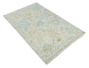 Contemporary Ivory and Blue Hand Knotted Multi Size Rug