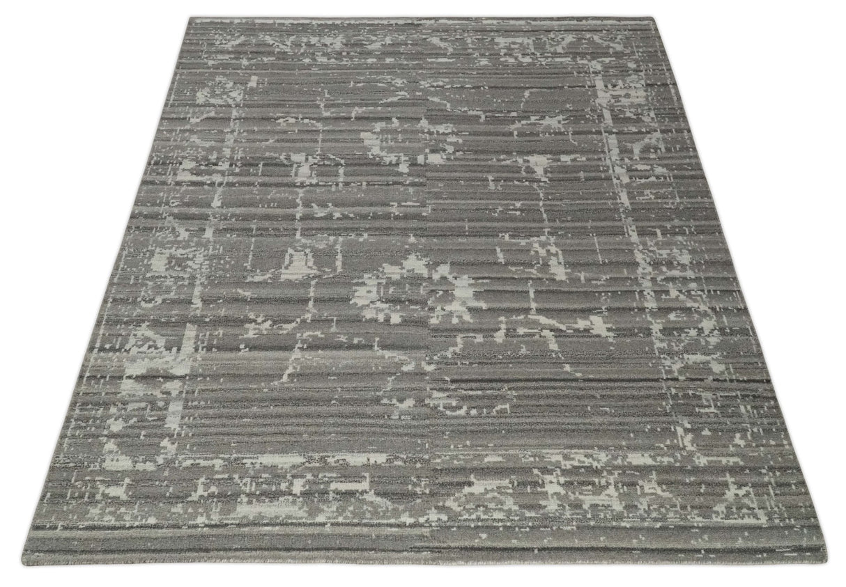 Hand Knotted Ivory and Charcoal Traditional Abstract Natural Wool Custom Made Area Rug, Kids, Living Room and Bedroom Rug