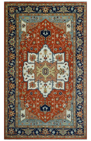 Hand Knotted Ivory, Blue and Rust Modern Traditional Heriz Serapi Multi Size Wool Area Rug