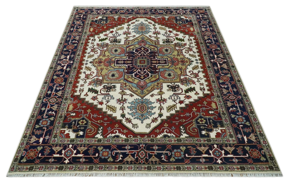 Hand Knotted Ivory, Brown and Blue Traditional Antique Style Wool Area Rug