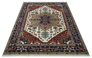 Hand Knotted Ivory, Brown and Blue Traditional Antique Style Wool Area Rug