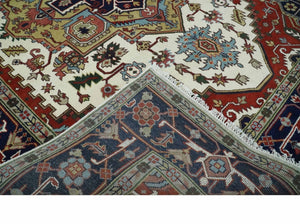Hand Knotted Ivory, Brown and Blue Traditional Antique Style Wool Area Rug