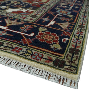 Hand Knotted Ivory, Brown and Blue Traditional Antique Style Wool Area Rug