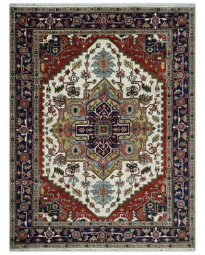 Hand Knotted Ivory, Brown and Blue Traditional Antique Style Wool Area Rug